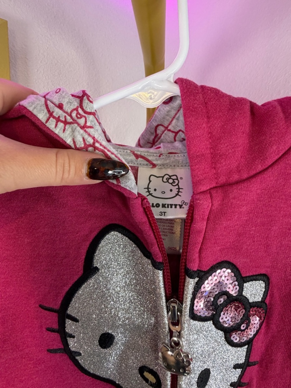 Girls Hello Kitty Hot Pink Glitter Face Full Zip Hoodie 3T - Picture 3 of 7